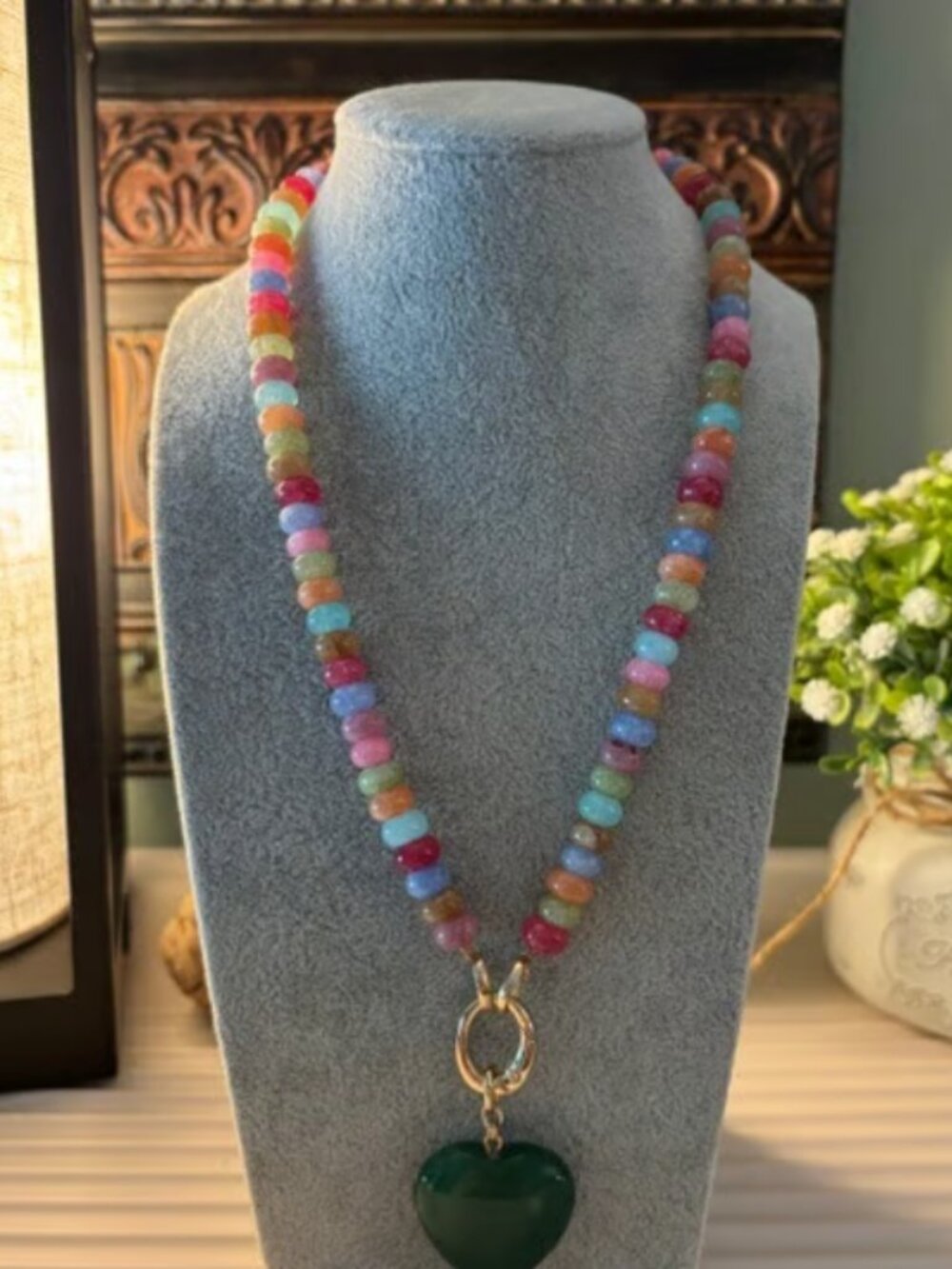 Multi Color Beaded Necklace with Green Stone Heart Pendant